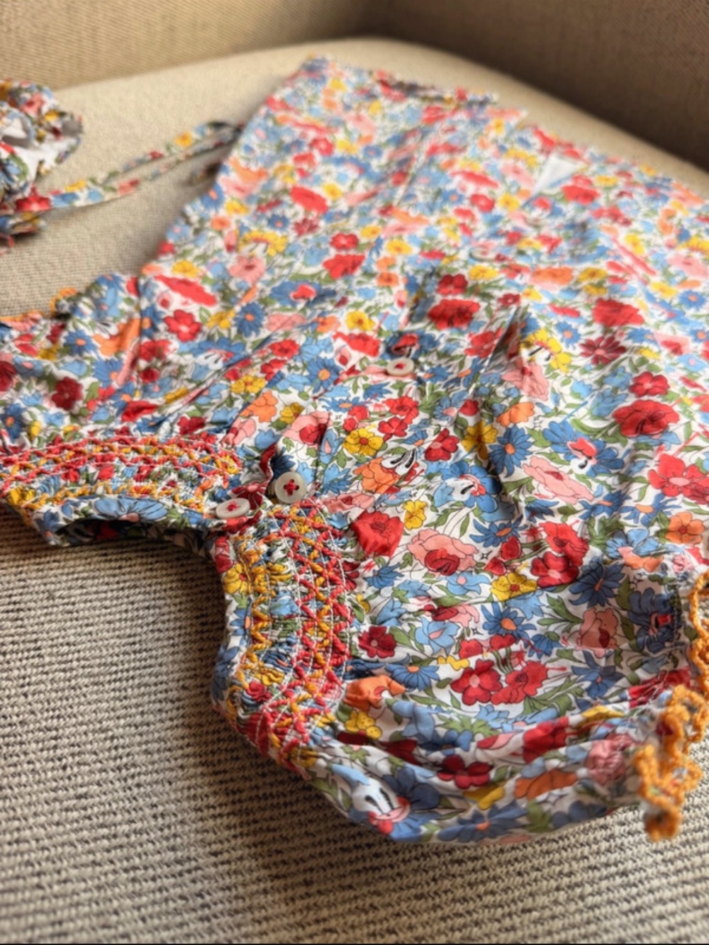 Smocked Floral Cotton Dress Set - Pink, Red & Blue - Picture 3 of 3